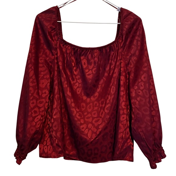 True Craft Tops - NWT True Craft Leopard Burnout Blouse XL Square Neck Long Sleeve Maroon Top Work